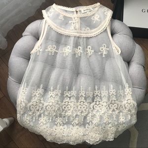 Monteau Cream Sheer Embroidered Bow Tank Top Lace Small